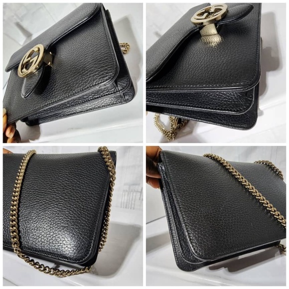 Authentic GUCCI Dollar Calfskin Interlocking G Shoulder Bag Black - Picture 12 of 15